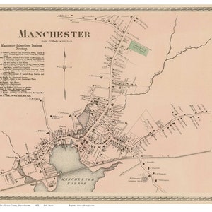 May include: An antique map of Manchester, New Hampshire, from 1872. The map shows the streets, buildings, and landmarks of the city. The map is printed in black and white on a cream-colored background. The map is titled "Manchester" and includes a "Manchester Subscribers Business Directory".