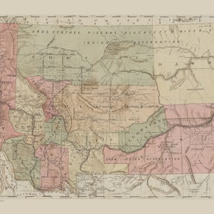 May include: A vintage map of Montana, showing the state's counties and the locations of various Native American reservations, including the Crow, Gros Ventres, Piegan, Blackfeet, and Crow Indian Reservations. The map is printed in black and white with colored lines and text.