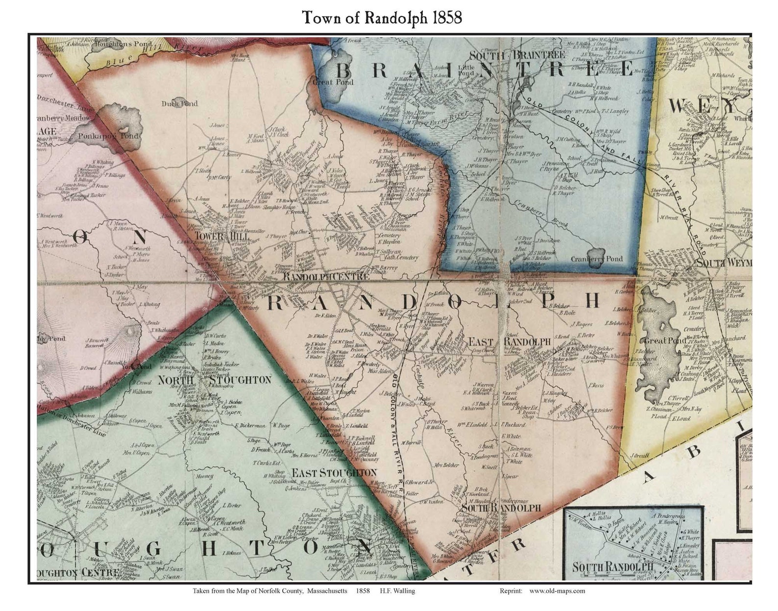 Randolph, Massachusetts 1858 Old Town Map With Homeowner Names Reprint Norfolk County MA TM Etsy
