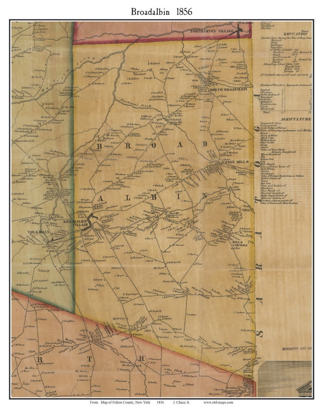 Broadalbin 1856 Old Town Map With Homeowner Names New York Reprint