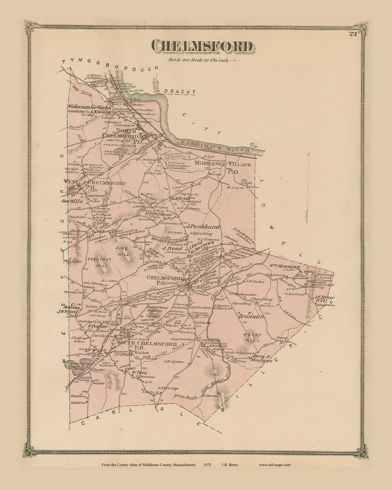 Chelmsford 1875 Old Town Map Reprint Middlesex County - Etsy
