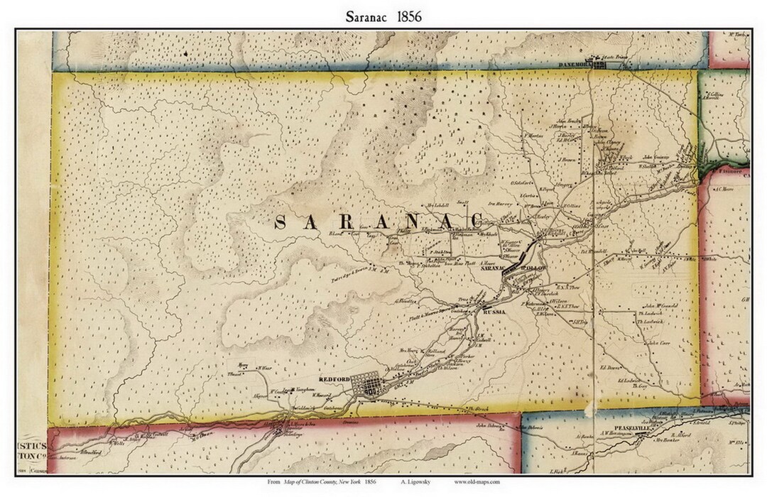 Saranac 1856 Old Town Map With Homeowner Names New York Redford Reprint