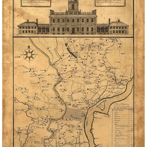 May include: An antique map of Philadelphia and surrounding areas, printed on aged paper. The map shows the city streets, rivers, and surrounding towns. A detailed perspective view of the State House is featured at the top of the map.