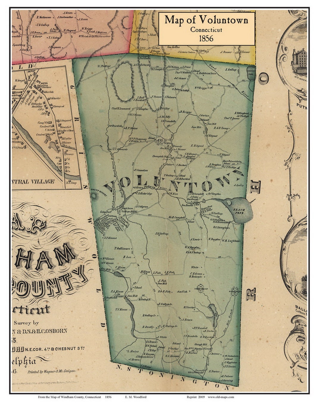 Voluntown 1856 Old Town Map With Homeowner Names Connecticut Reprint