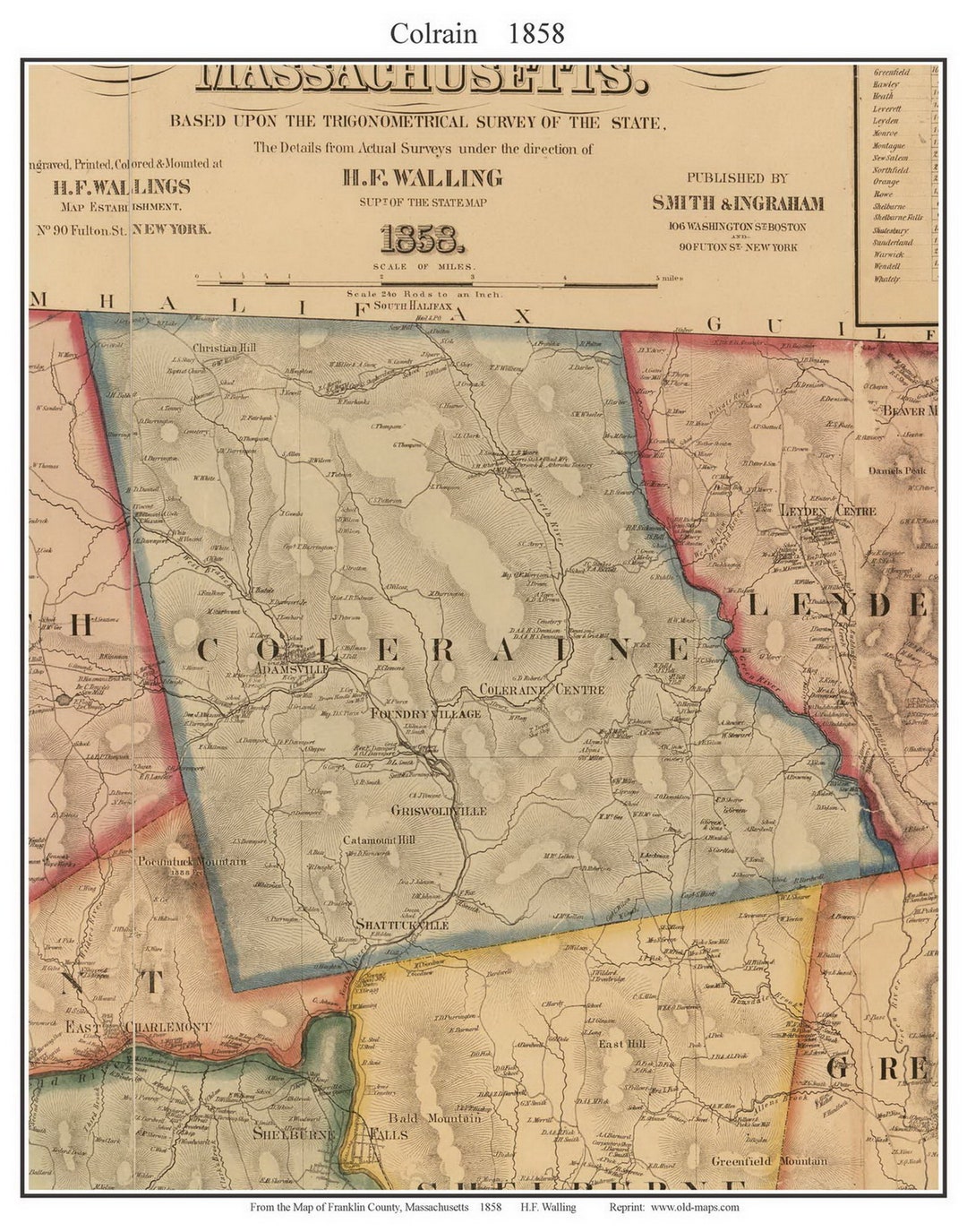 Colrain 1858 Old Town Map With Homeowner Names massachusetts Reprint
