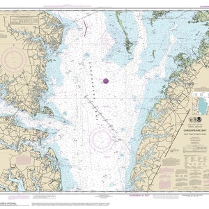 May include: A nautical chart of Chesapeake Bay, Virginia, with soundings in feet. The chart shows the coastline, waterways, and depths of the bay. The chart is printed on a white background with blue lines and text.