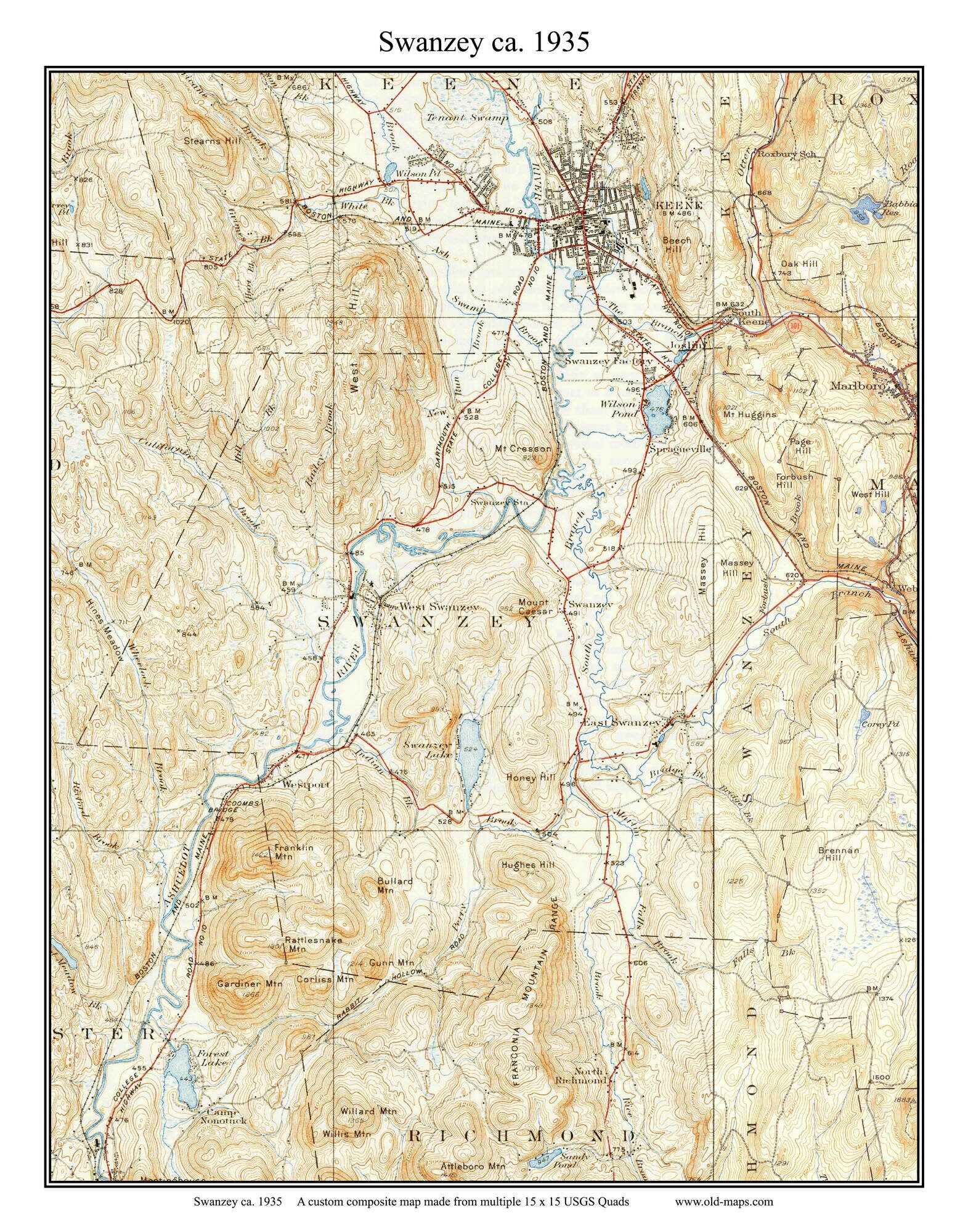 Swanzey 1936 Old Town Map USGS Topographic Custom Composite Etsy