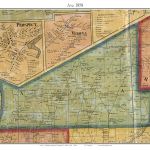 May include: An antique map of the town of Java, New York, from 1858. The map shows the town's roads, rivers, and buildings. The map is in a vintage style, with hand-drawn lines and lettering. The map is titled "Java 1858" and is from "Gilmore's Map of Oneida Co., New York, 1858."