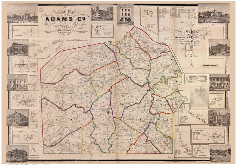 Adams County Pennsylvania 1858 Old Wall Map With Homeowner Etsy