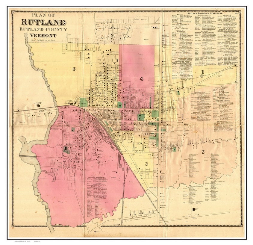 Rutland Vermont 1869 LAMINATED Map Reprint with Homeowner Etsy