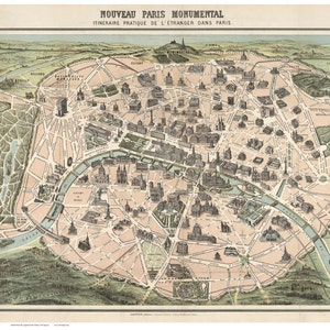 Old Map of Paris 1878 Birds Eye View France Buildings Street Names reprint