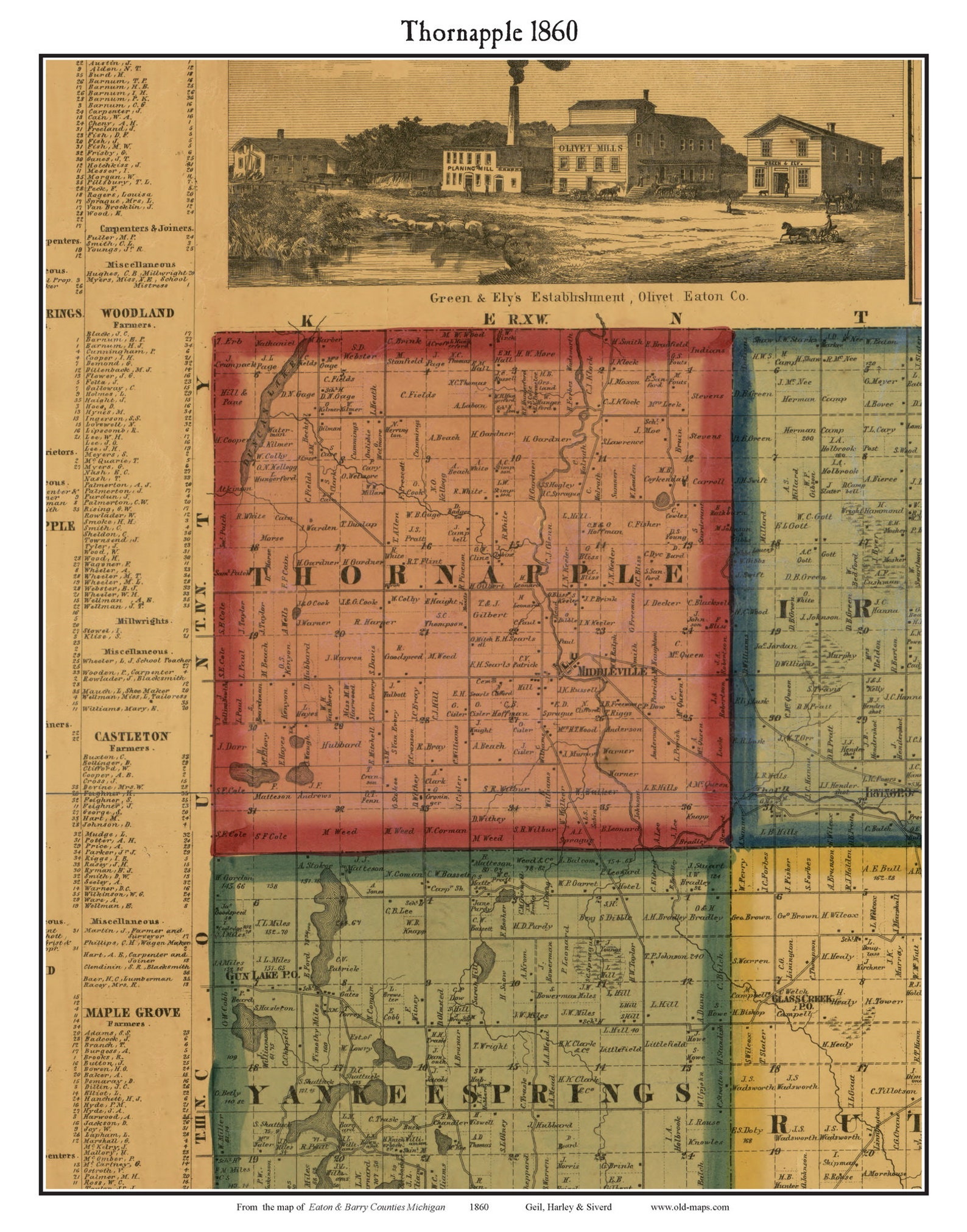 Thornapple 1860 Old Town Map With Homeowner Names Middleville Duncan