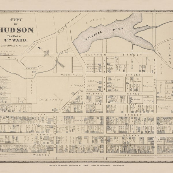 Hudson City 4th Ward West Part 1873  Old Map Homeowner names Reprint Columbia Co Beers Atlas New York