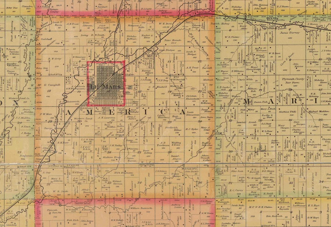 Plymouth County Iowa 1884 Old Wall Map With Landowner Names Etsy