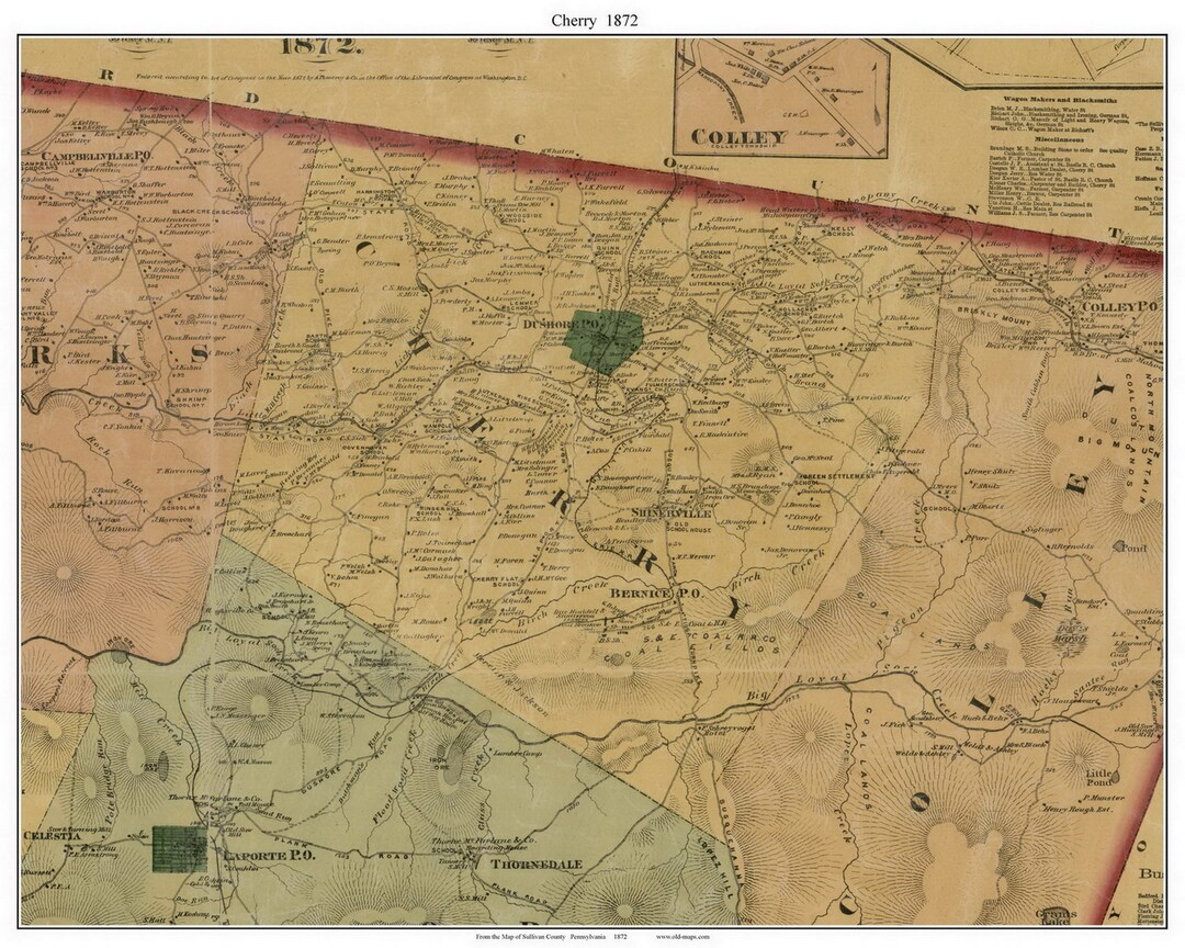 Cherry 1872 Old Town Map With Homeowner Names Dushore - Pennsylvania ...