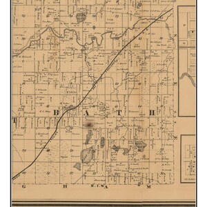 Bath 1864 Old Town Map with Homeowner Names - Looking Glass River - Michigan - Reprint Genealogy - Clinton & Gratiot Counties MI TM