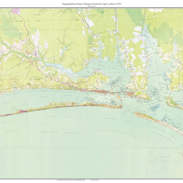Bogue Sound y Cape Lookout, Carolina del Norte - Mapa topográfico antiguo de 1951, reimpresión personalizada del USGS, Carolina del Norte, 7x7