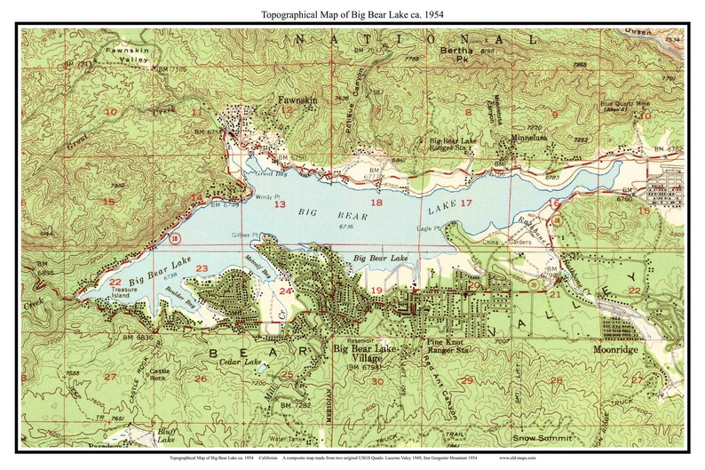 Big Bear Lake Ca. 1954 Old Topographic Map USGS Custom Etsy