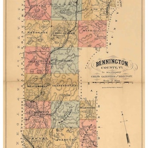 May include: A vintage map of Bennington County, Vermont, with a scale of miles and a compass rose. The map shows the towns of Shaftsbury, Sunderland, Arlington, Sandgate, Manchester, Winhall, Dorset, Peru, Rupert, and more. The map is printed in black and white with colored borders for each town.