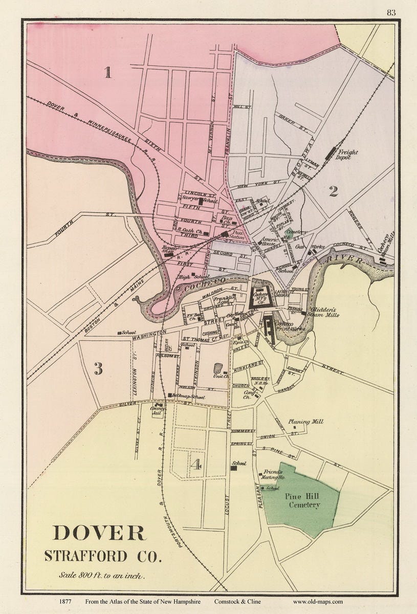 Dover, NH 1877 Old Map Reimpresión con nombres de calles y edificios