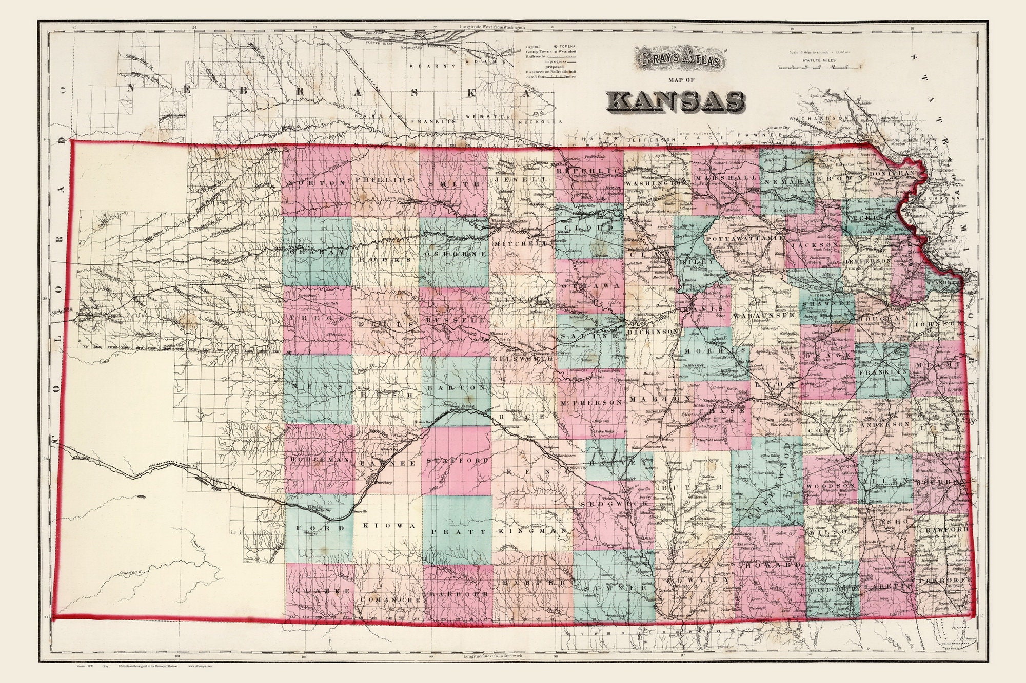 Kansas 1873 State Map Gray Old Map Reprint  Etsy