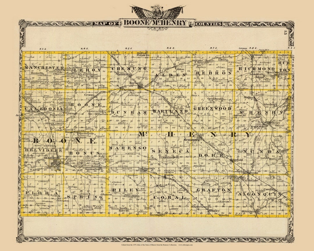 Boone & Mchenry Counties Illinois 1876 Map Crystal Lake Belvidere