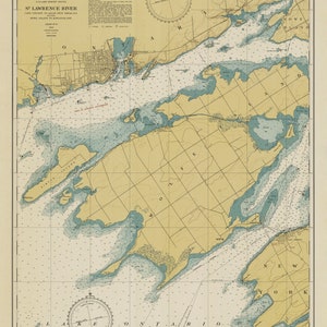May include: A vintage nautical chart of the St. Lawrence River, Cape Vincent to Allan Site, showing Howe Island to Kingston, Ontario. The chart is printed on a cream-colored paper with blue and green markings for water depths.