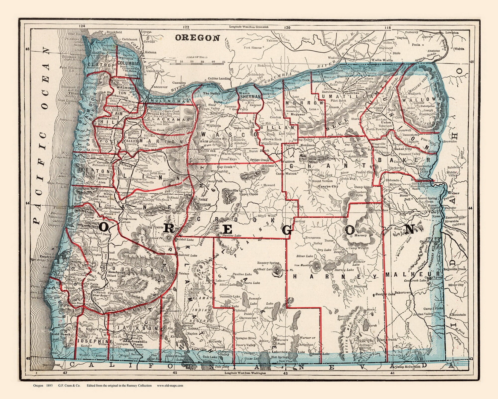 Oregon 1893 - State Map - Old Map Reprint - Etsy