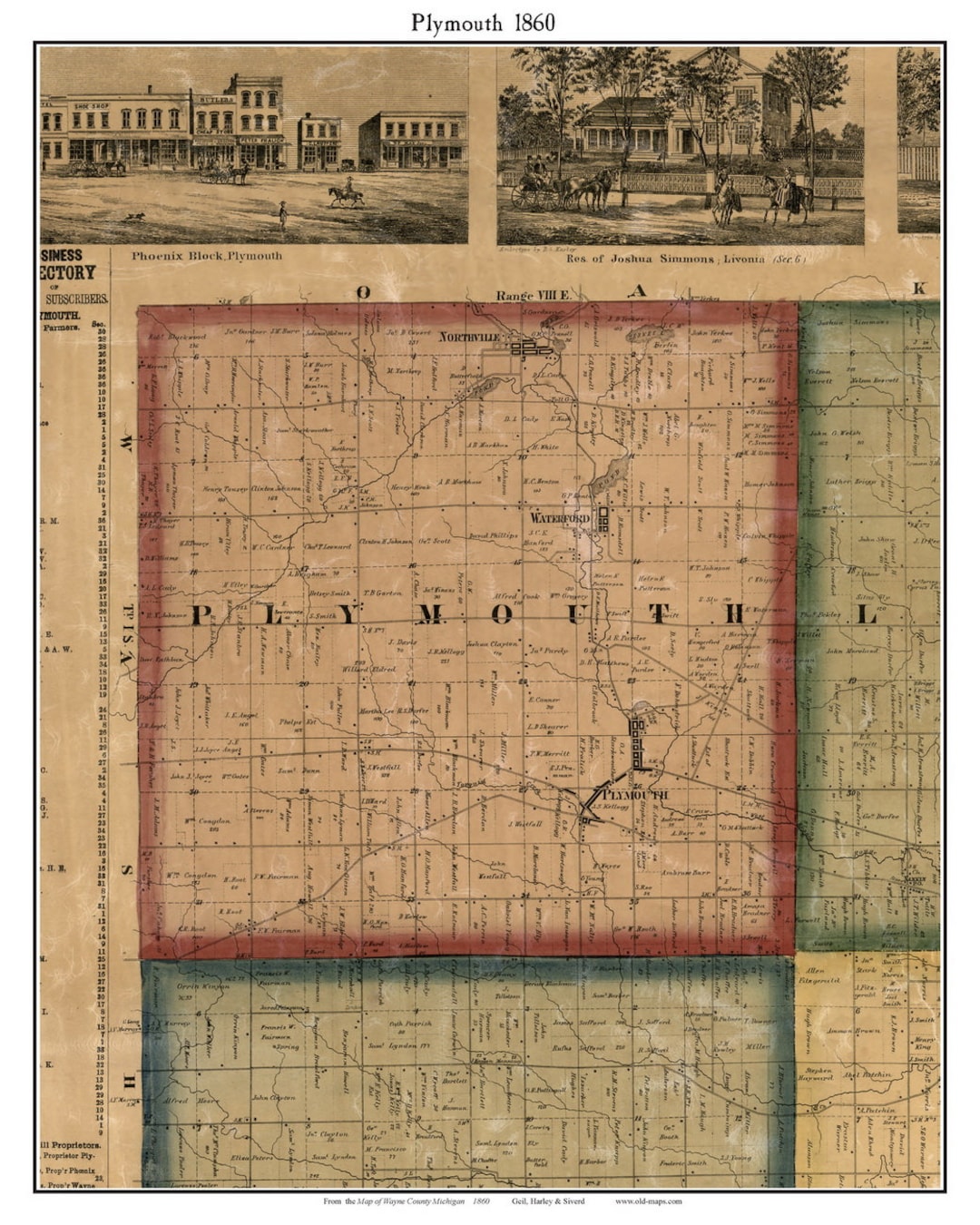 Plymouth 1860 Old Town Map With Homeowner Names - Michigan - Reprint ...