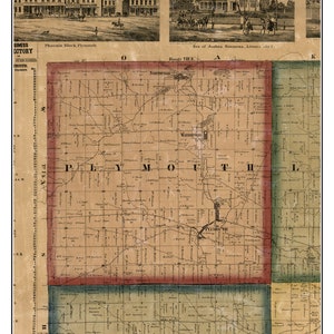 Plymouth 1860 Old Town Map with Homeowner Names - Michigan - Reprint Genealogy - Wayne County MI TM