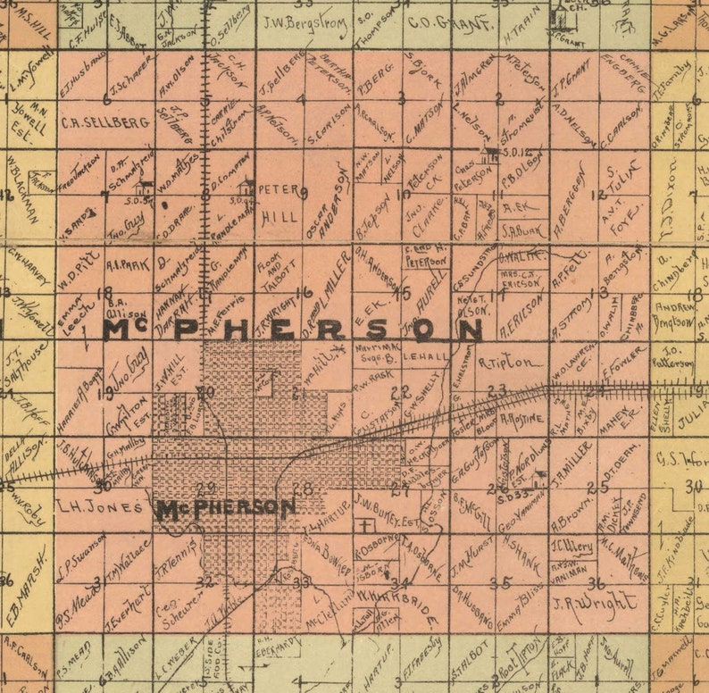 Mcpherson County Kansas 1898 Old Wall Map Reprint Etsy