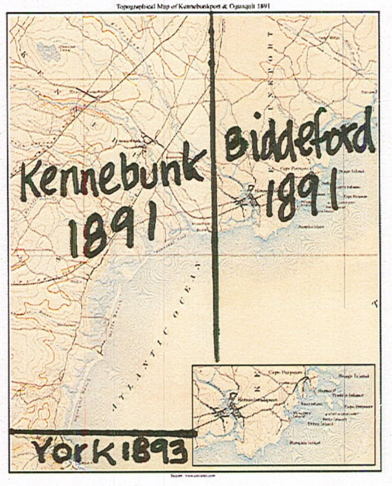 May include: A vintage topographical map of Kennebunkport and Ogunquit, Maine, with handwritten dates "Kennebunk 1891", "Biddeford 1891", and "York 1893" on the map.