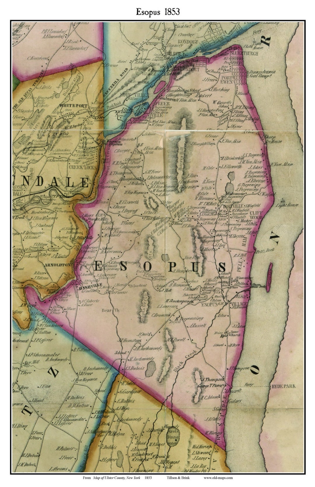 Esopus 1853 Old Town Map With Homeowner Names New York Pelham