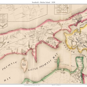 May include: An 1858 map of Southold and Shelter Island, New York. The map shows the towns, roads, and waterways of the area. The map is in a vintage style with hand-drawn lines and text.