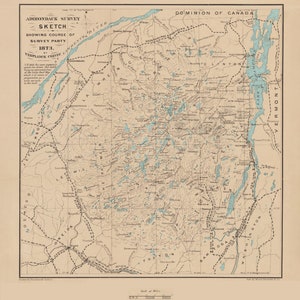 Adirondack Survey Sketch 1873 - Custom Colored Water - Old Map Land Patents - New York  Colvin Reprint ADM