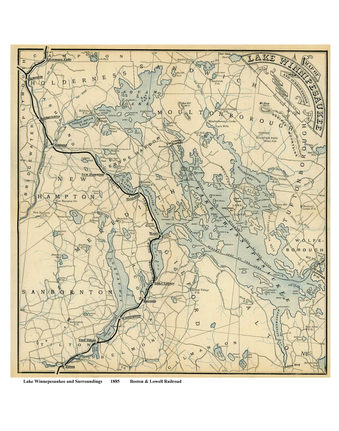 Map Of Lake Winnipesaukee Lake Winnipesaukee 1885 Railroad Map By Boston & Lowell | Etsy