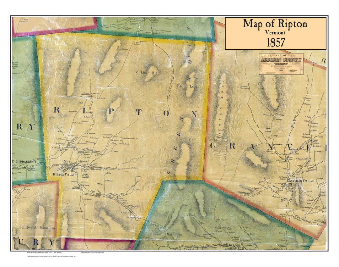Ripton 1857 Old Town Map With Homeowner Names Vermont Reprint Addison