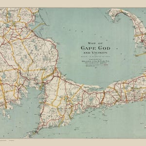May include: Vintage map of Cape Cod and vicinity, featuring a detailed depiction of roads, towns, and geographical features. The map is in shades of beige, blue, and red, with text that reads "Map of Cape Cod and Vicinity."