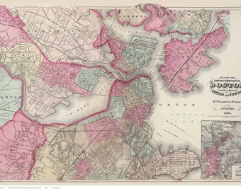 Boston 1871 Map  - Massachusetts - Walling and Gray - Old Map Reprint State Atlas