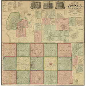 Seneca County Ohio 1864 - Old Wall Map Reprint with Homeowner Names - Farm Lines
