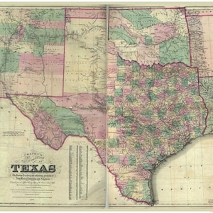Texas - 1872 State Map - Colton - Railroads - Reprint