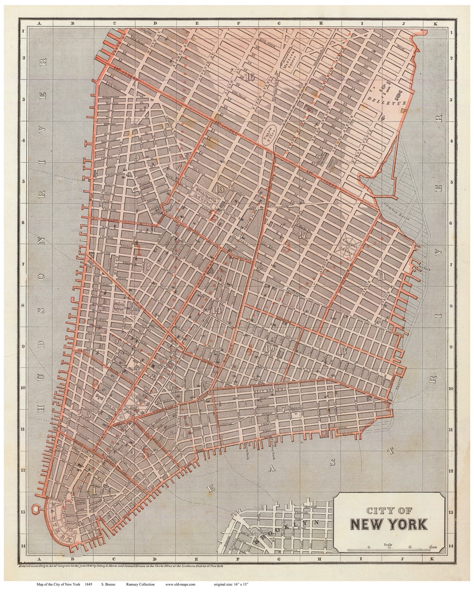 New York City - 1845 Map by Breese - Reprint NYC - Etsy, image size:1600x2000