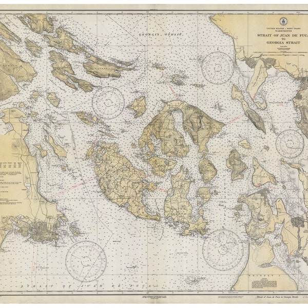 Strait of Juan de Fuca to Georgia Strait 1933 Nautical Map, Washington, Reprint PC Harbors Puget 6380