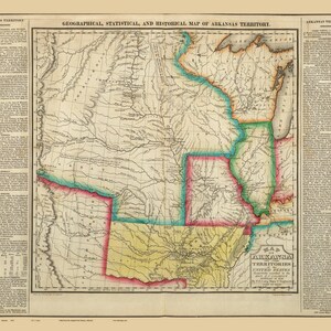 May include: A vintage map of Arkansas Territory, showing the geographical, statistical, and historical boundaries of the territory. The map is colored in shades of green, blue, yellow, and red, with rivers and other geographical features depicted in black lines. The map is surrounded by text describing the history and geography of the territory.