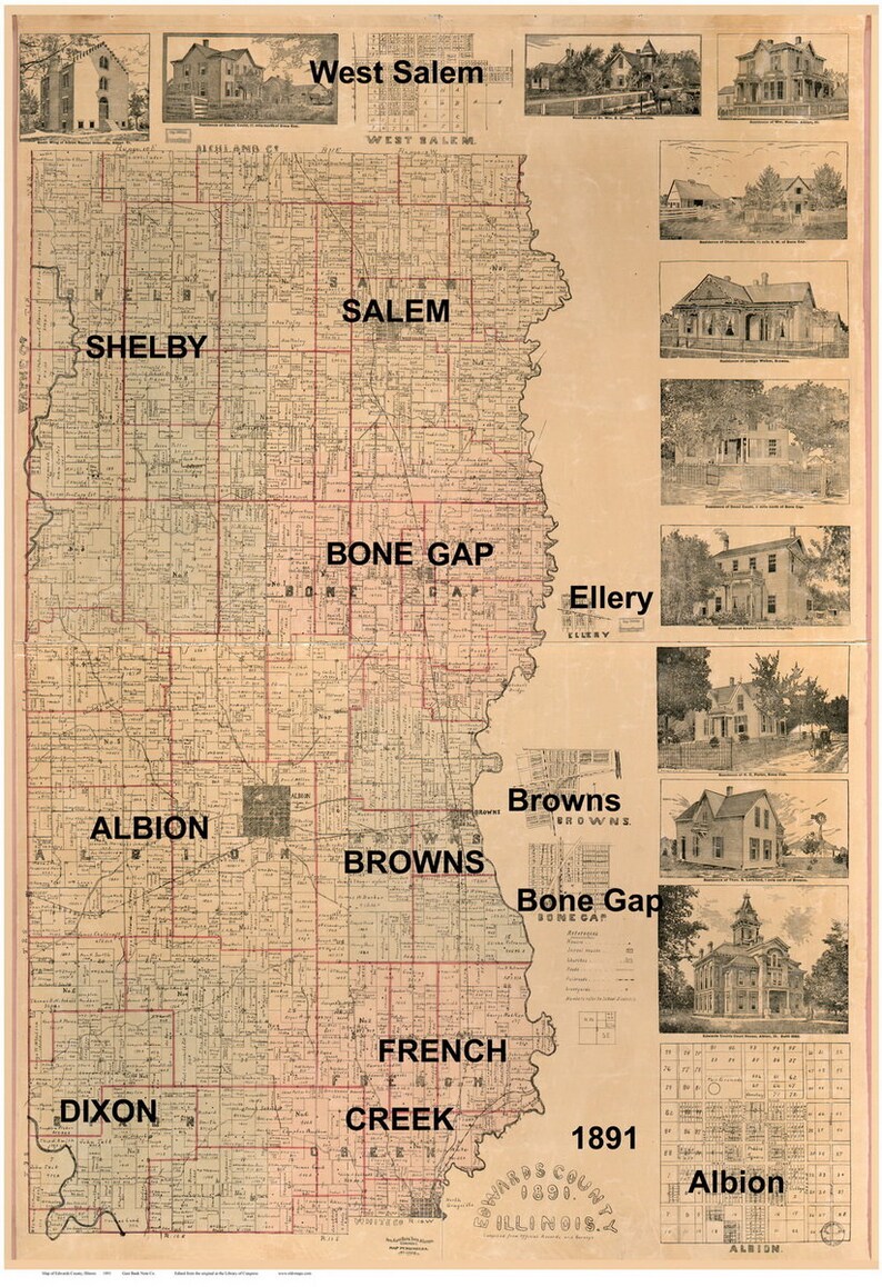 Edwards County Illinois 1891 Old Wall Map Reprint With Etsy