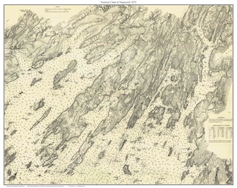 May include: A black and white nautical chart of Harpswell, Maine, from 1872. The chart shows the coastline, islands, and waterways of the area. It includes depth soundings, navigational aids, and other important information for mariners.