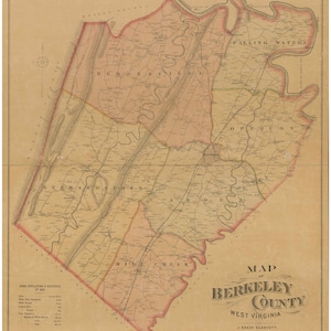 May include: Antique map of Berkeley County, West Virginia, from 1894. The map features detailed geographical information, including towns, rivers, and county boundaries. The map is in sepia tones with red highlighting the county borders. The title "Map of Berkeley County" is displayed prominently.