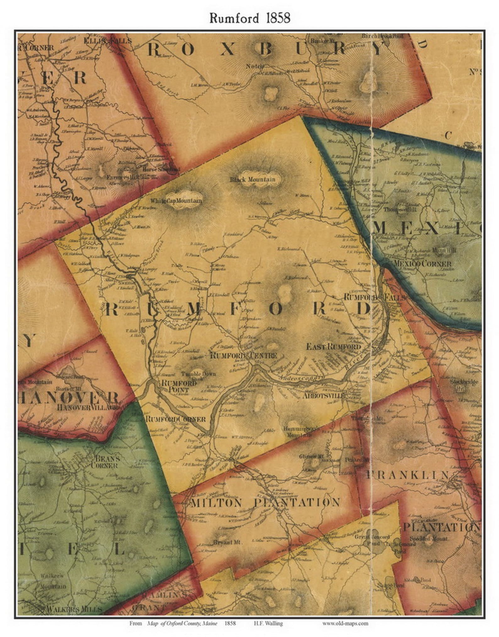 Rumford 1858 Old Town Map With Homeowner Names Maine Reprint Genealogy