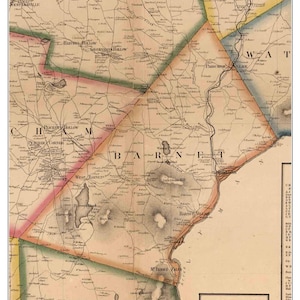 May include: An antique map of Barnet, Vermont, from 1858. The map shows the town's roads, rivers, and other features. The map is in a vintage style, with hand-drawn lines and lettering. The map is printed on paper and has a yellowed color.