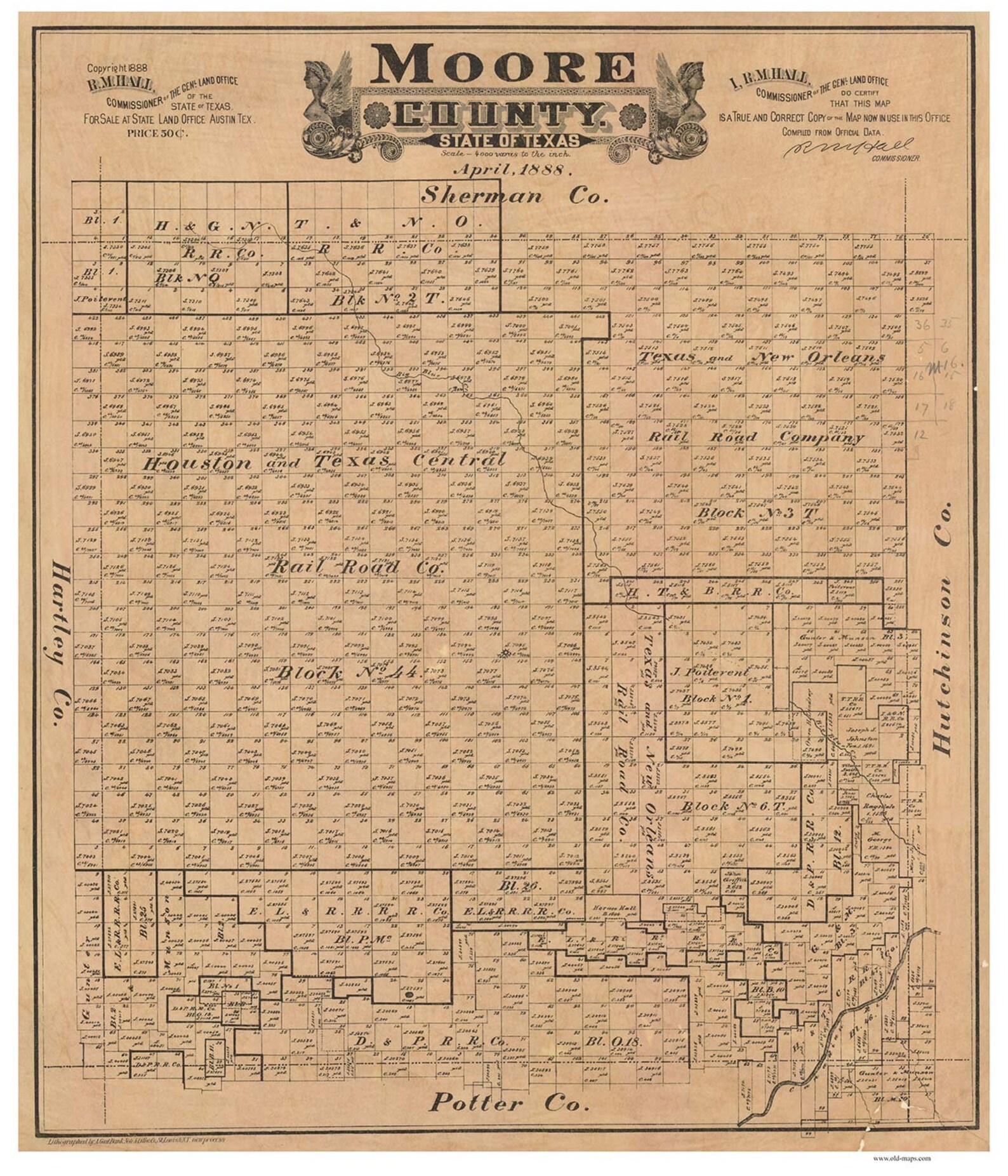 Moore County Texas 1888 Old Wall Map Reprint With Land Etsy
